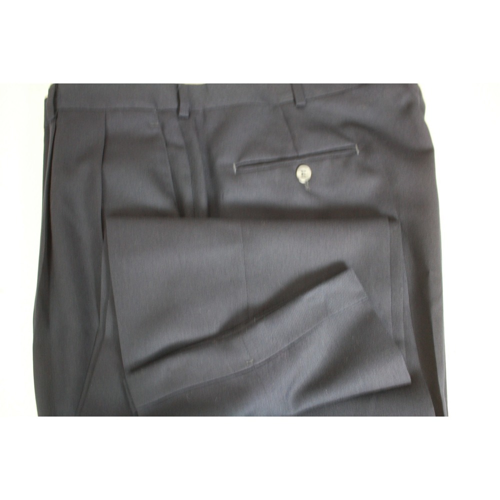 SLATES Men's Pants Navy Blue Wool Poly Blend Pleated Cuffed Waist 38 x 30